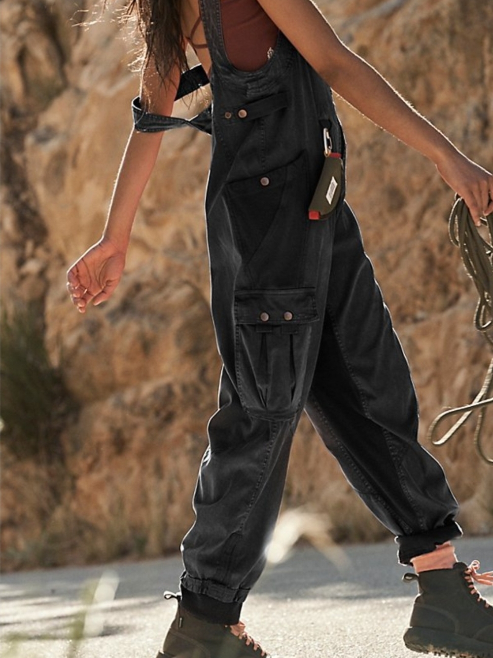 Free People Black Cargo Overalls Jumpsuit